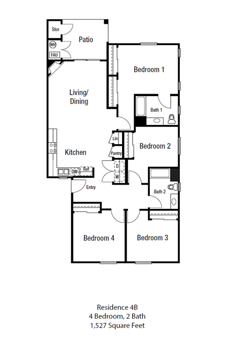 Floor plan for 4 beds, 2 baths, 1527 sqft